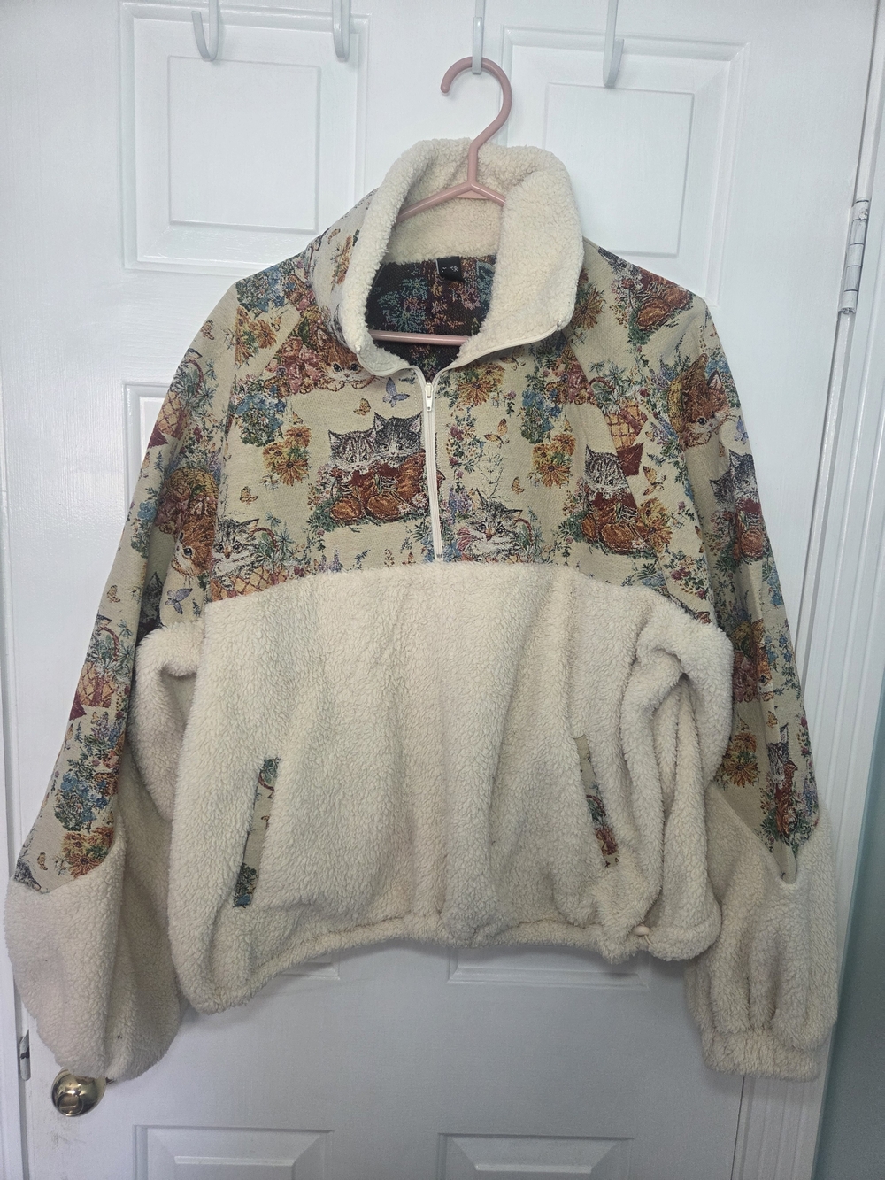 Cider Cream Sherpa Pullover with Floral & Cat Print